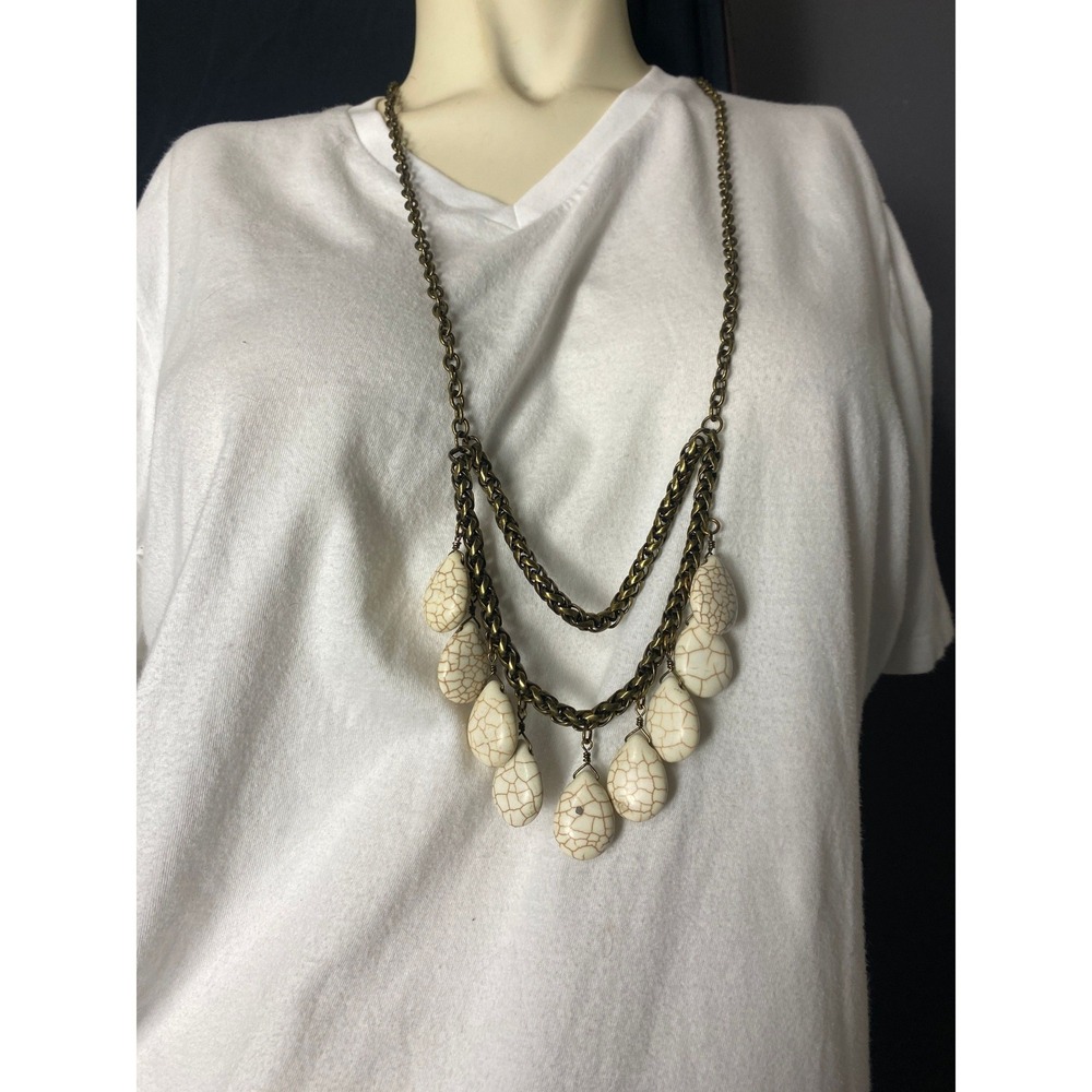 Layered Boho‎ Necklace Teardrop Faux Stone Pendant Antique Gold Tone Statement